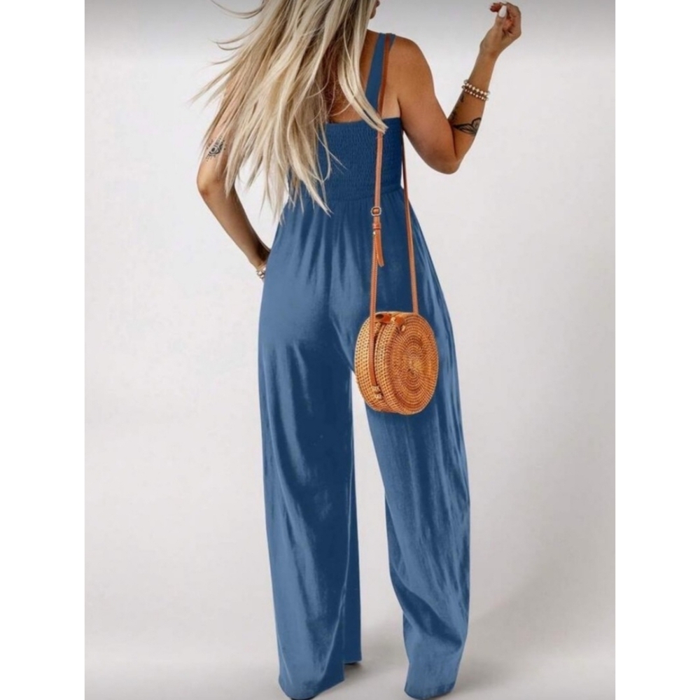 UMGEE Linen Blend Smocked Wide Leg Jumpsuit L - Picture 2 of 7